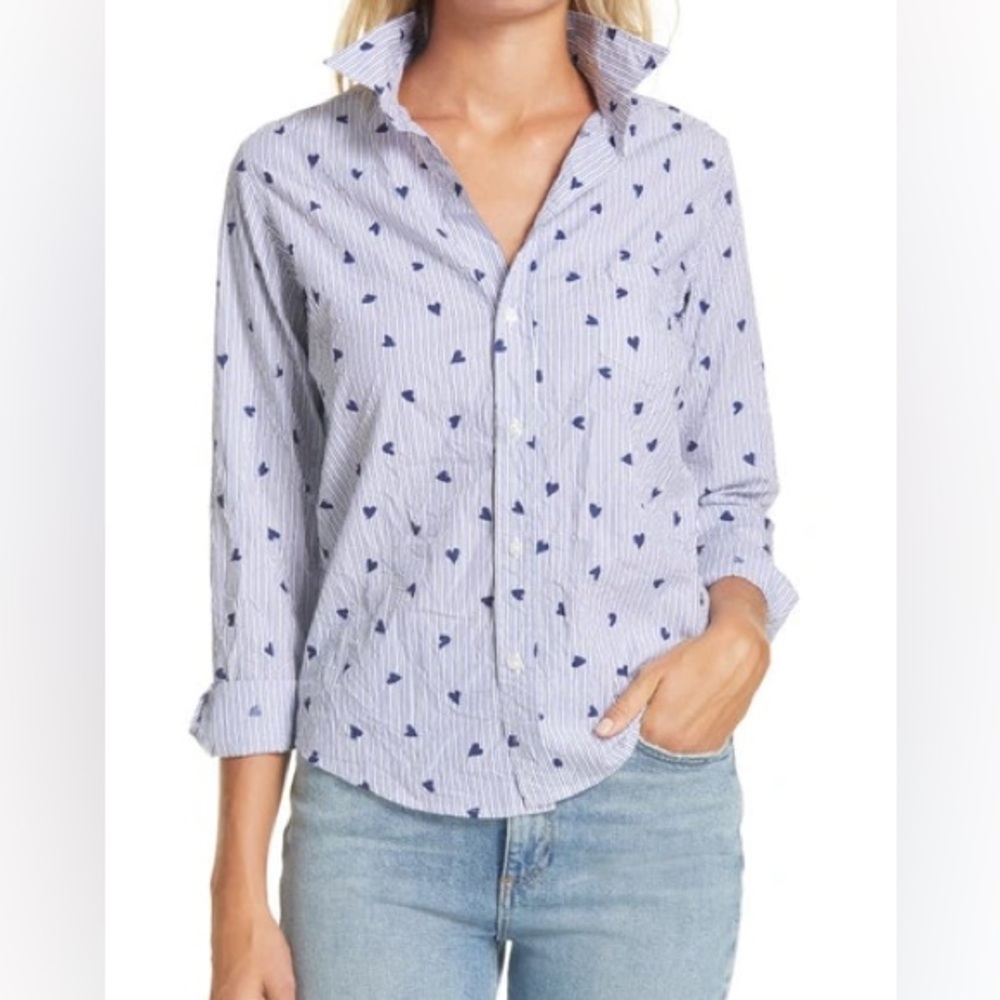 Frank & Eileen BARRY BUTTON-UP SHIRT IN BLUE STRIPES W/ HEARTS M